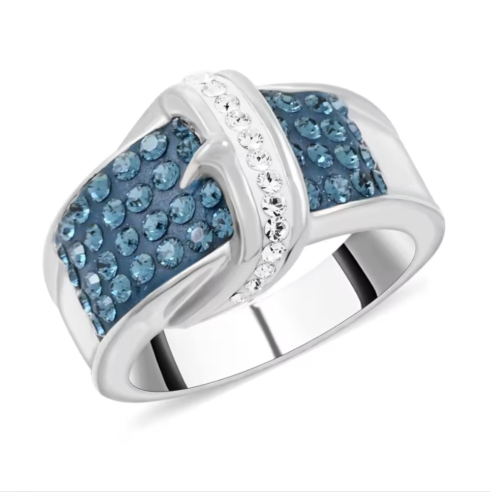 Blue and White Austrian Crystal Buckle Ring in Silvertone (Size 7.0)